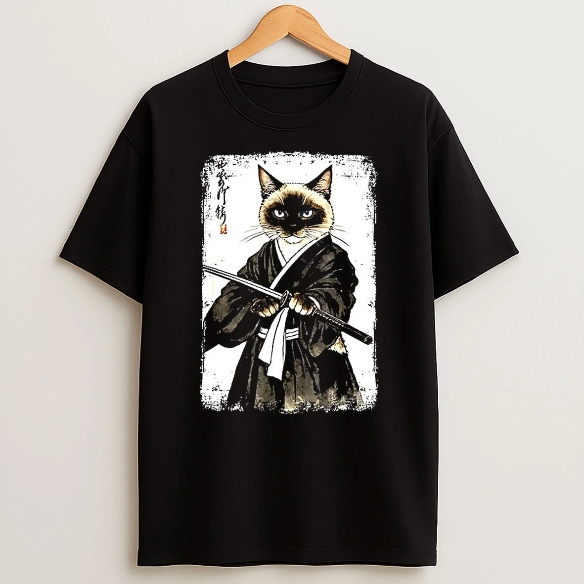 Siamese Cat Samurai Warrior Japanese Vantage Painting T Shirt