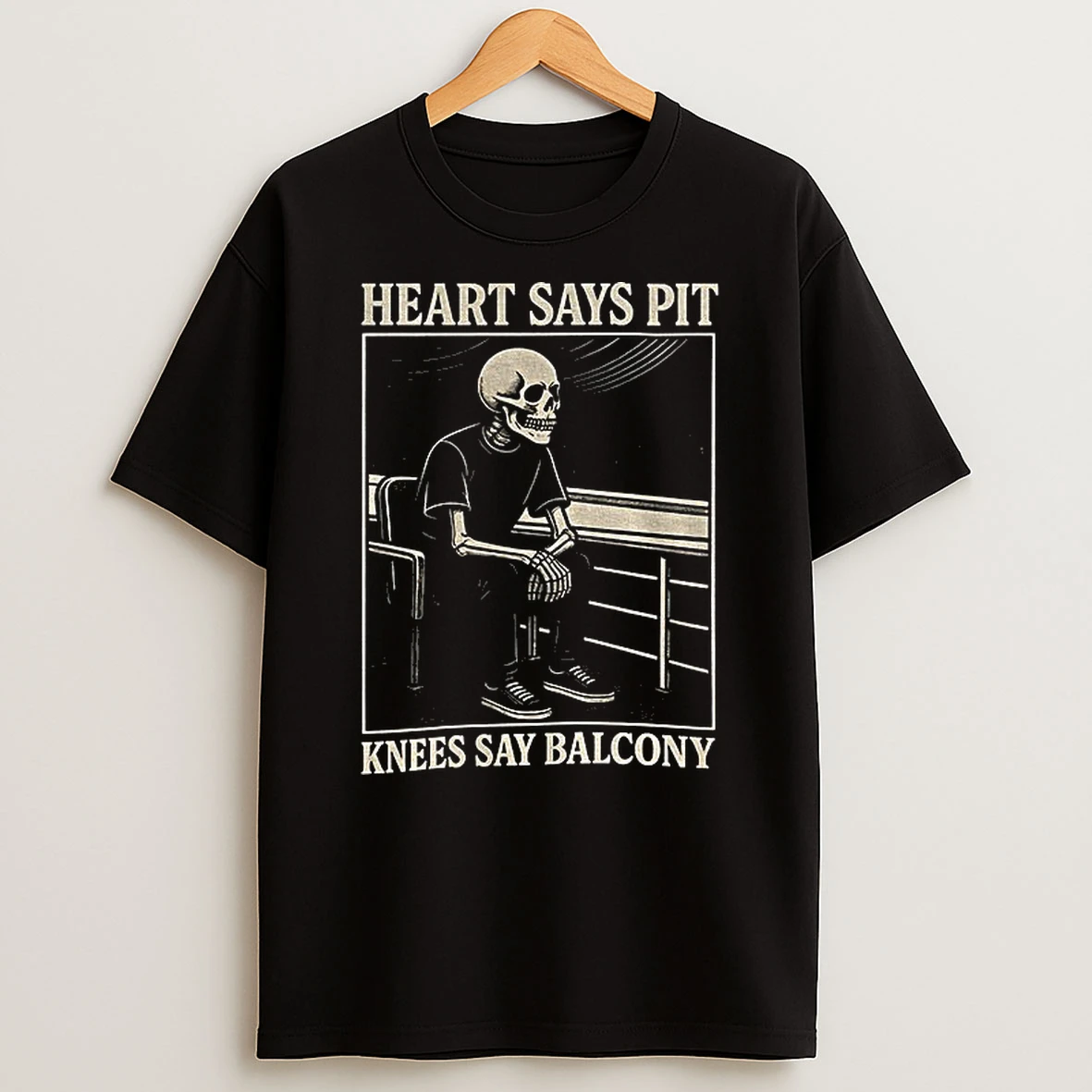 Skeleton Heart Says Pit Knees Say Balcony T Shirt