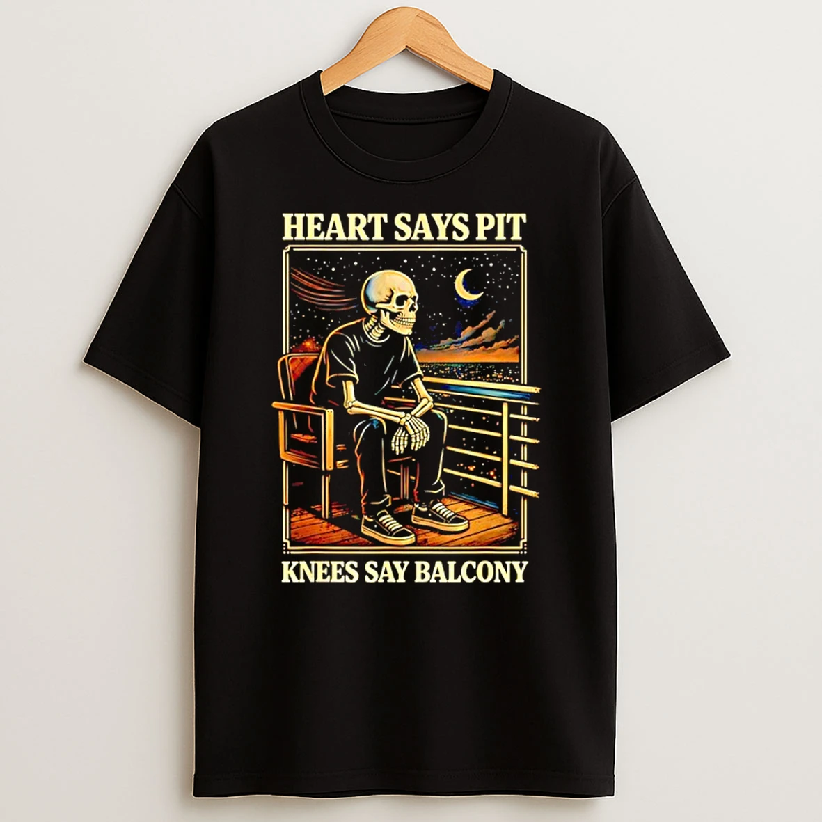 Skeleton Man Sitting On Chair Heart Says Pit Knees Say Balcony Starry Night T Shirt