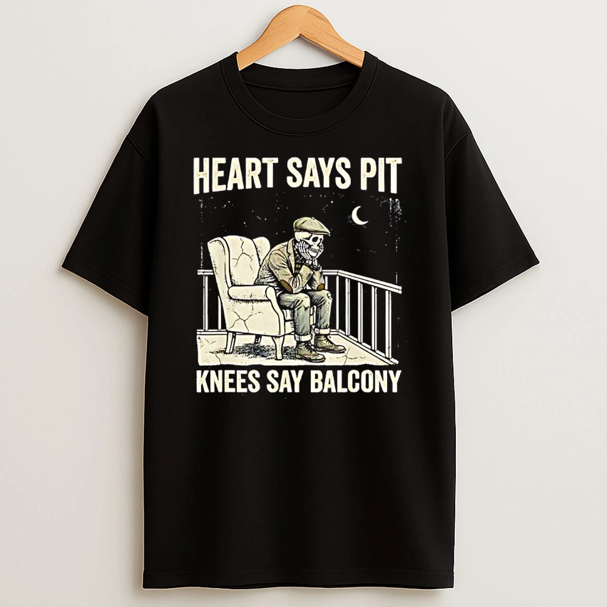 Skeleton Old Men Heart Says Pit Knees Say Balcony Retro T Shirt