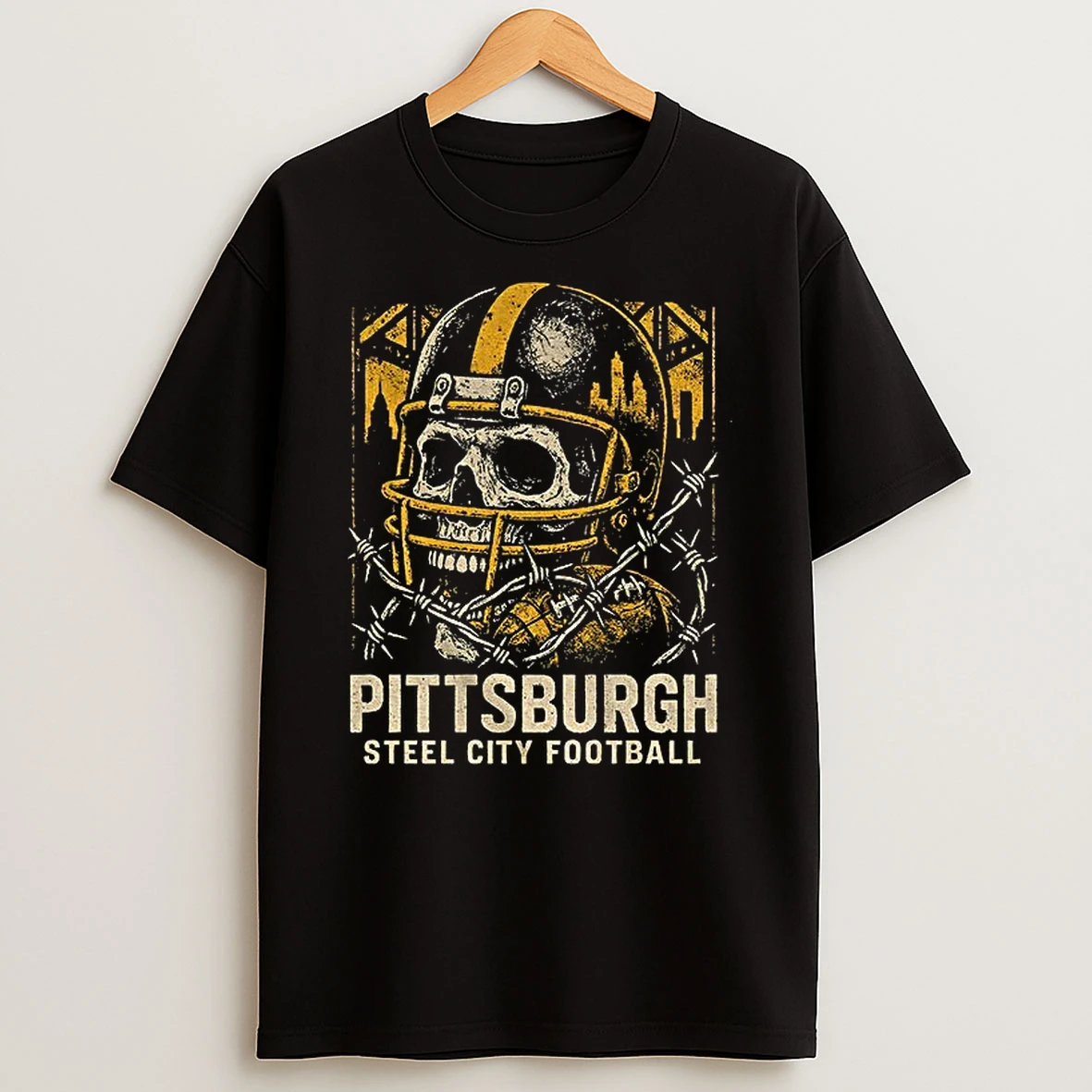 Skull Cracking Pittsburgh Steelers City Football Vintage T Shirt