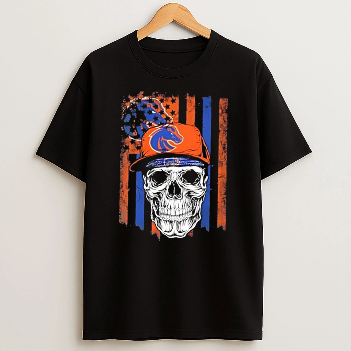 Skull Wearing A Cap Boise State Broncos Us Flag T Shirt
