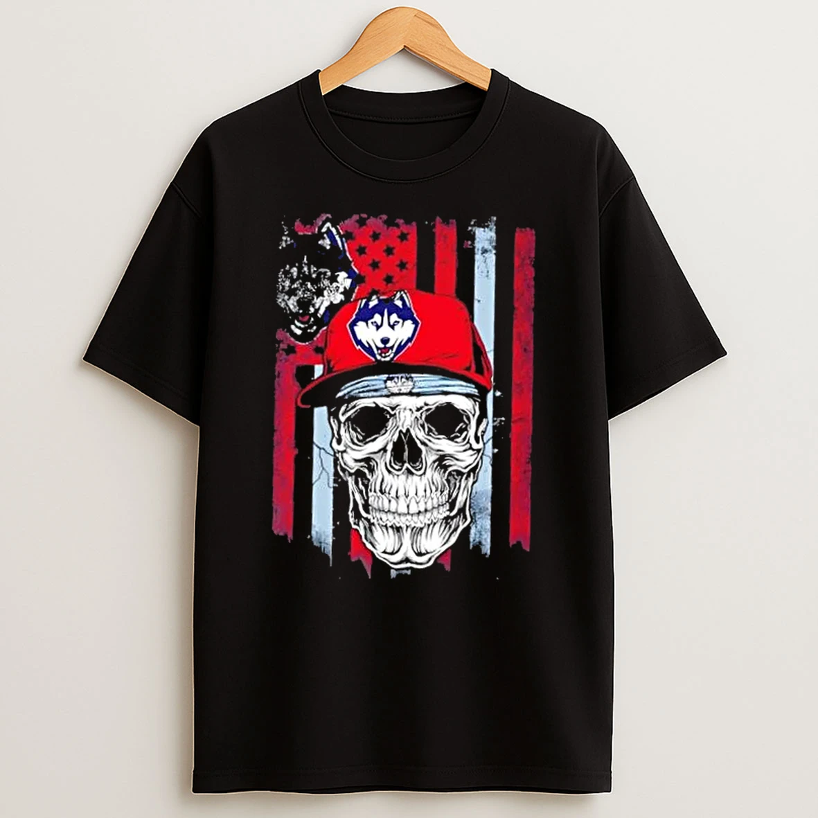 Skull Wearing A Cap Connecticut Huskies Us Flag T Shirt