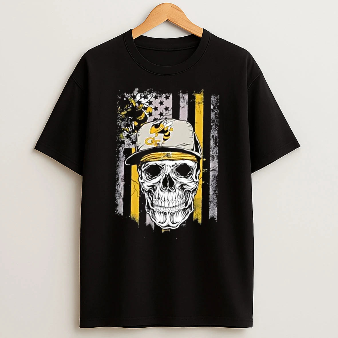 Skull Wearing A Cap Georgia Tech Yellow Jackets Us Flag T Shirt