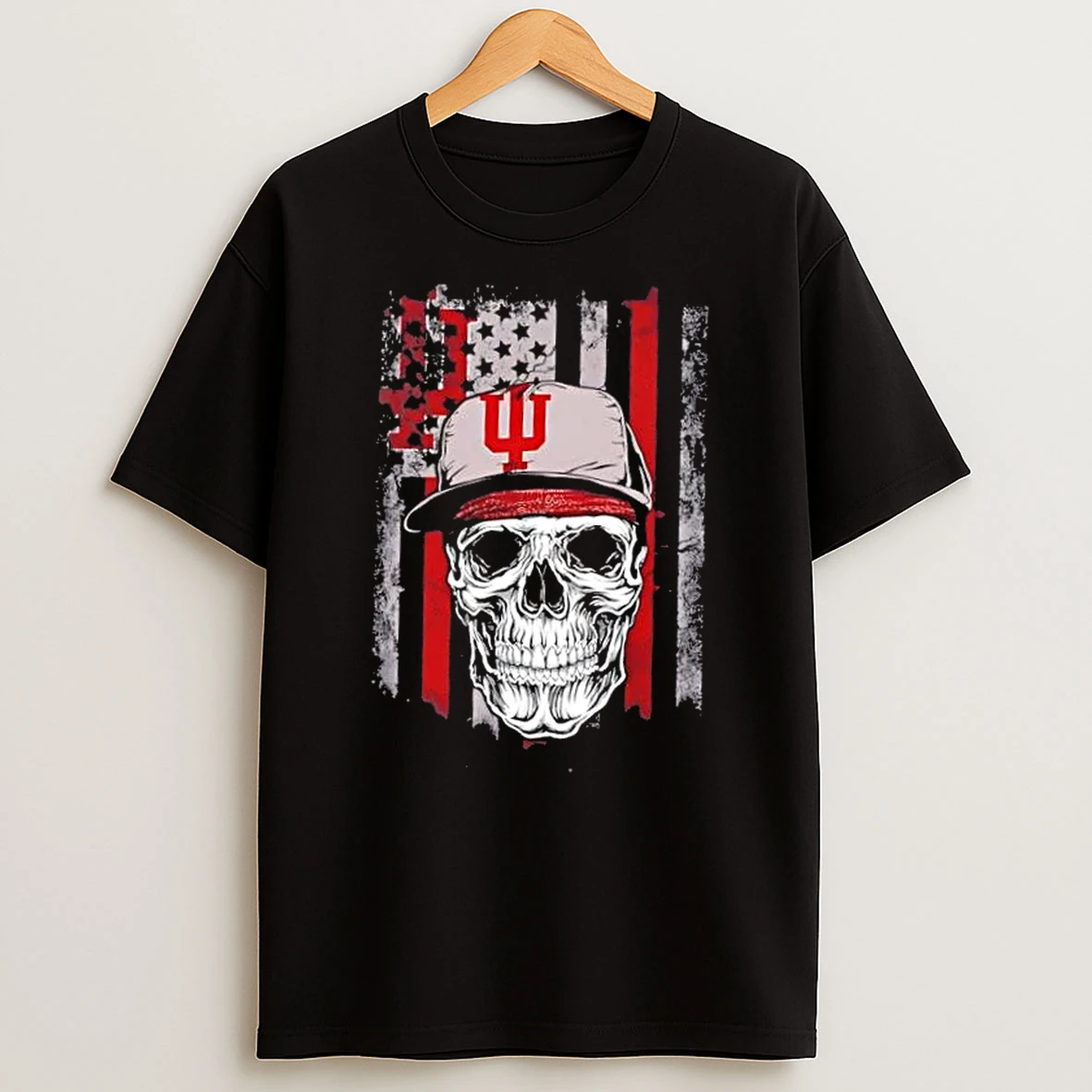 Skull Wearing A Cap Indiana Hoosiers Us Flag T Shirt
