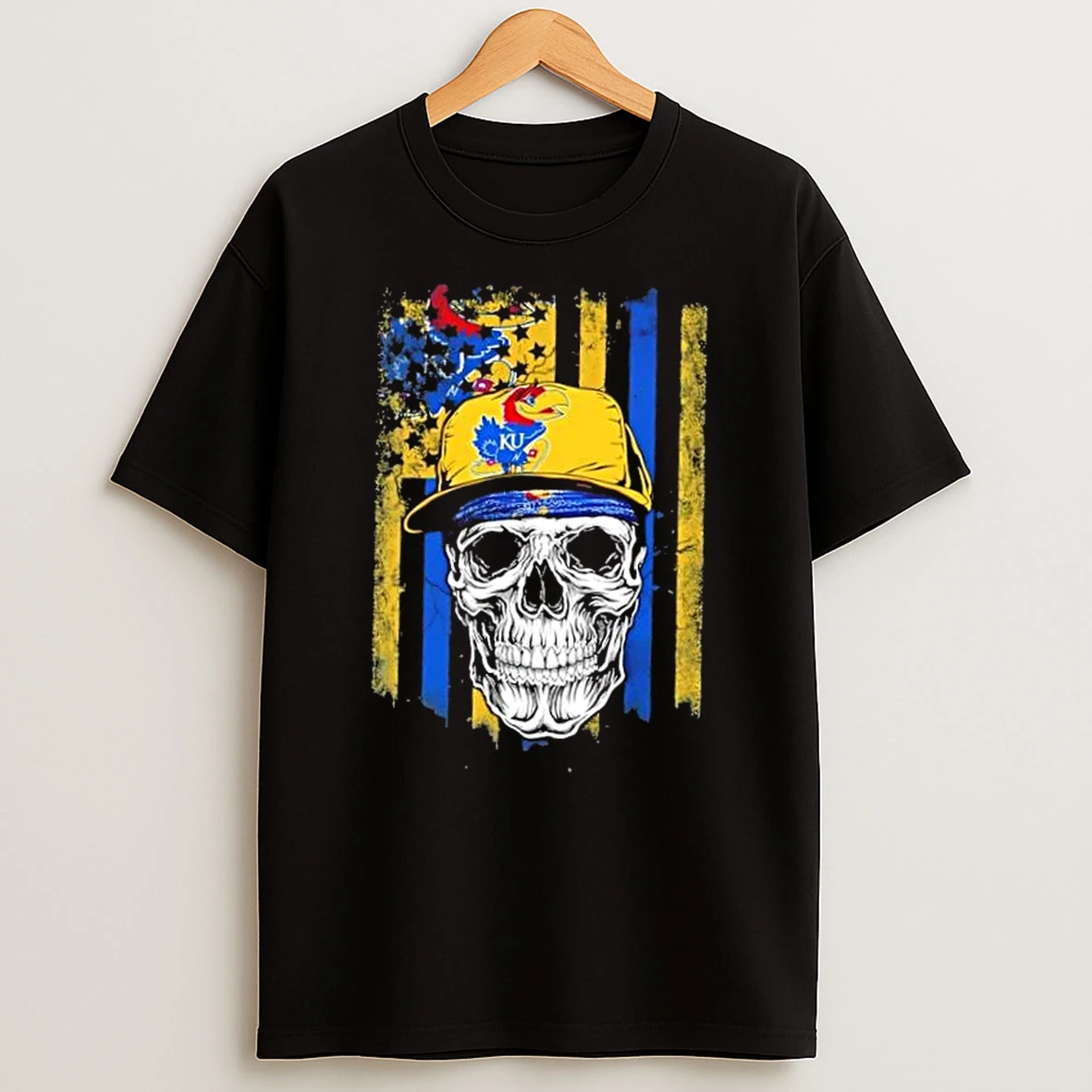 Skull Wearing A Cap Kansas Jayhawks Us Flag T Shirt