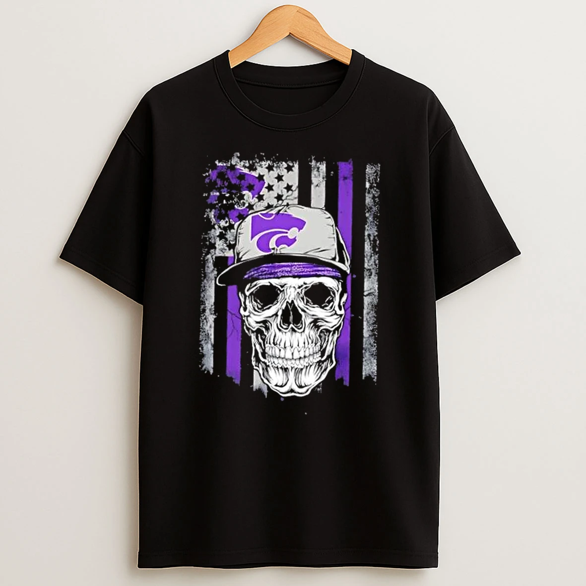 Skull Wearing A Cap Kansas State Wildcats Us Flag T Shirt