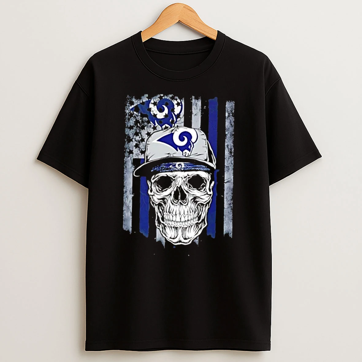 Skull Wearing A Cap Los Angeles Rams Us Flag T Shirt