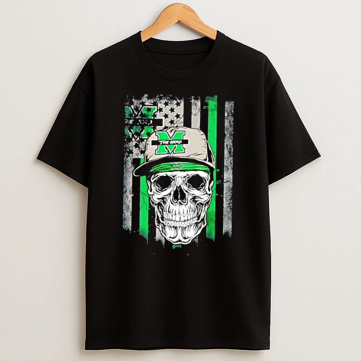 Skull Wearing A Cap Marshall Thundering Herd Us Flag T Shirt