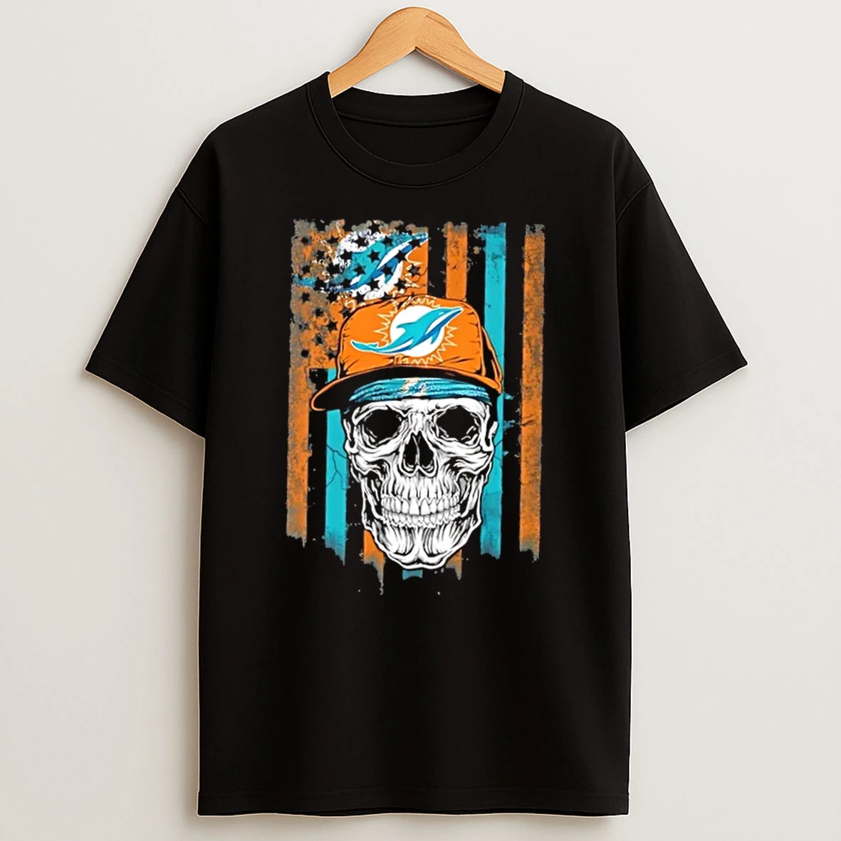 Skull Wearing A Cap Miami Dolphins Us Flag T Shirt