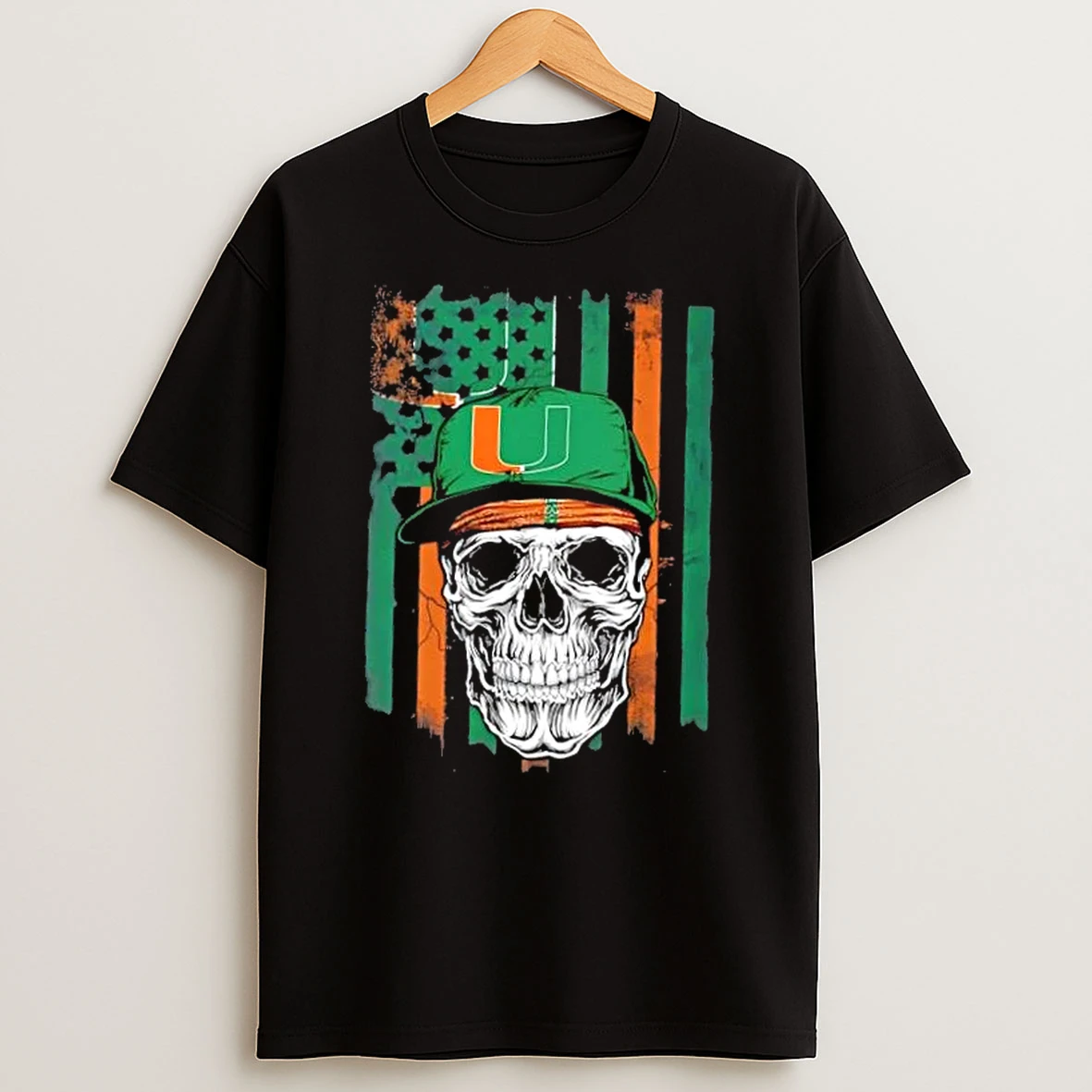 Skull Wearing A Cap Miami Hurricanes Us Flag T Shirt
