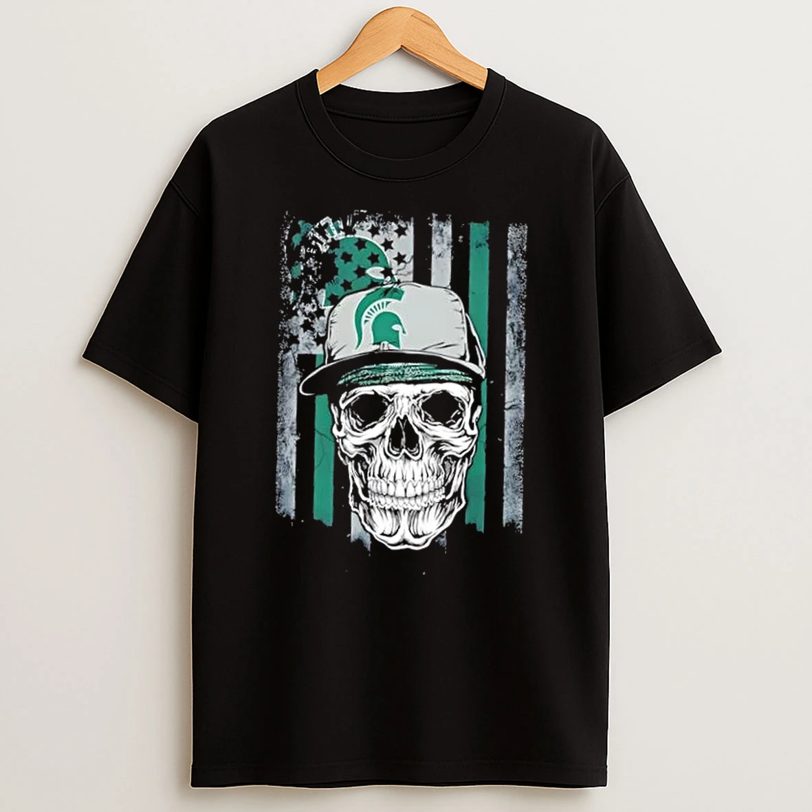 Skull Wearing A Cap Michigan State Spartans Us Flag T Shirt