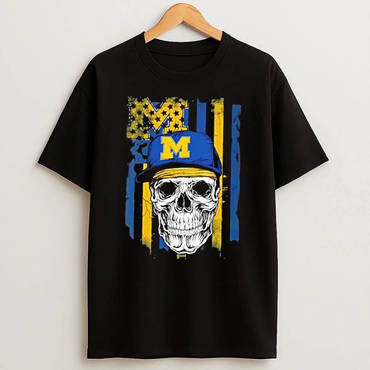 Skull Wearing A Cap Michigan Wolverines Us Flag T Shirt