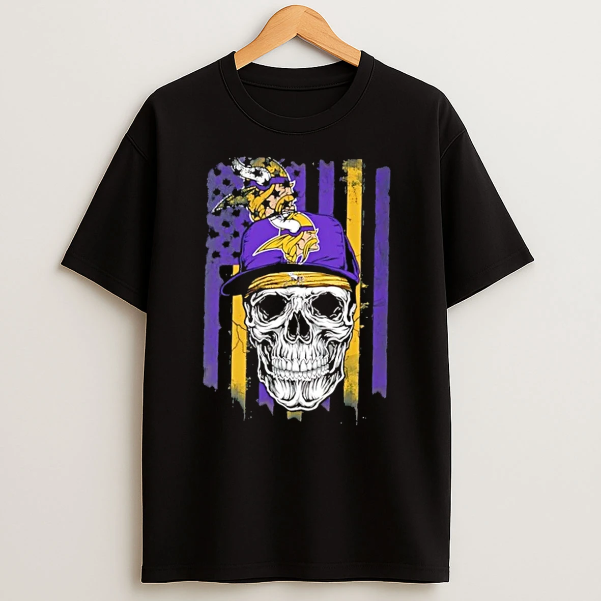 Skull Wearing A Cap Minnesota Vikings Us Flag T Shirt