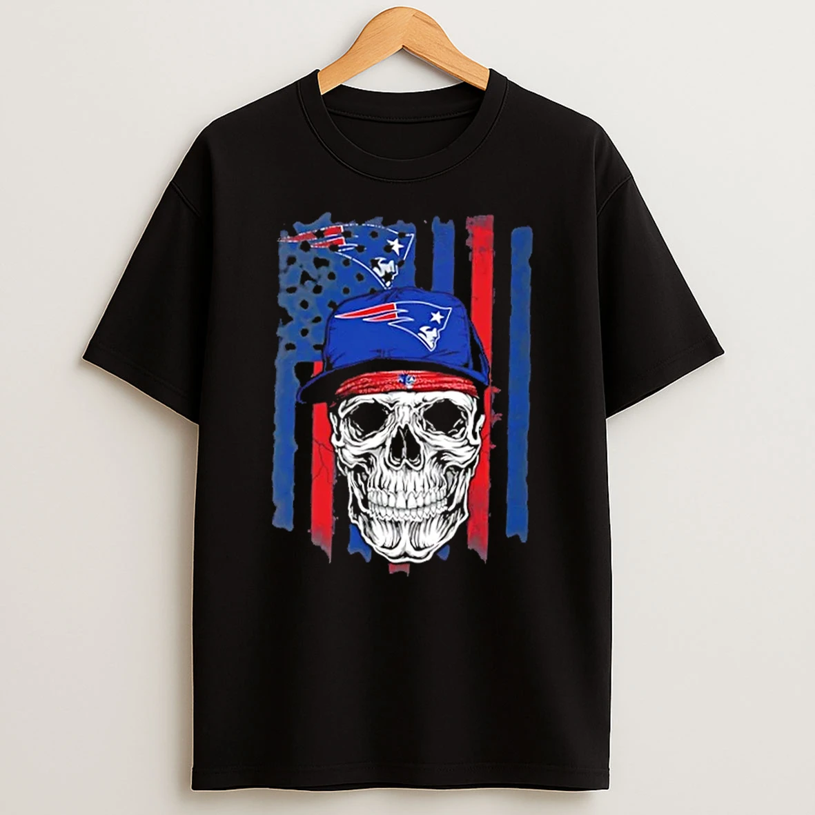 Skull Wearing A Cap New England Patriots Us Flag T Shirt