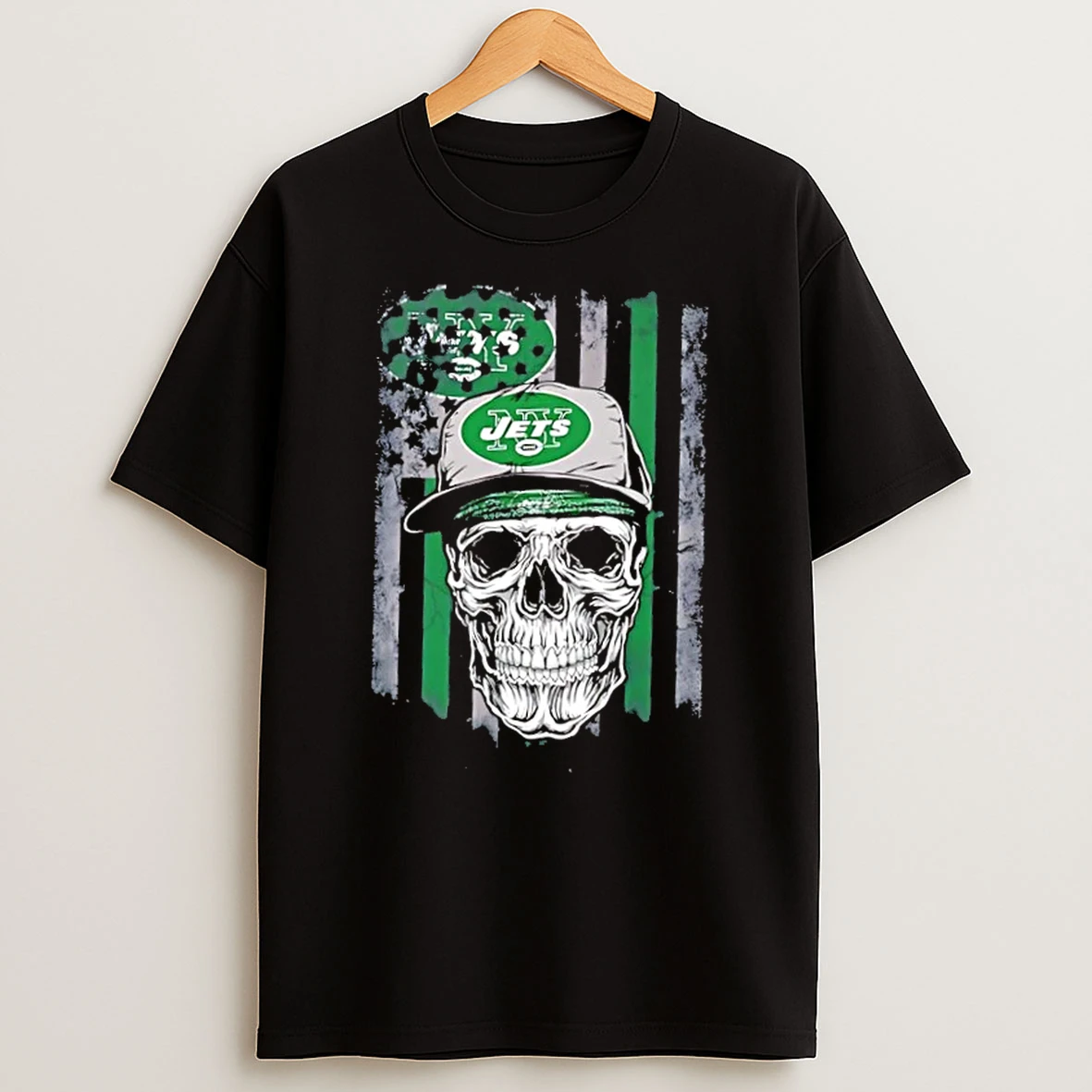 Skull Wearing A Cap New York Jets Us Flag T Shirt