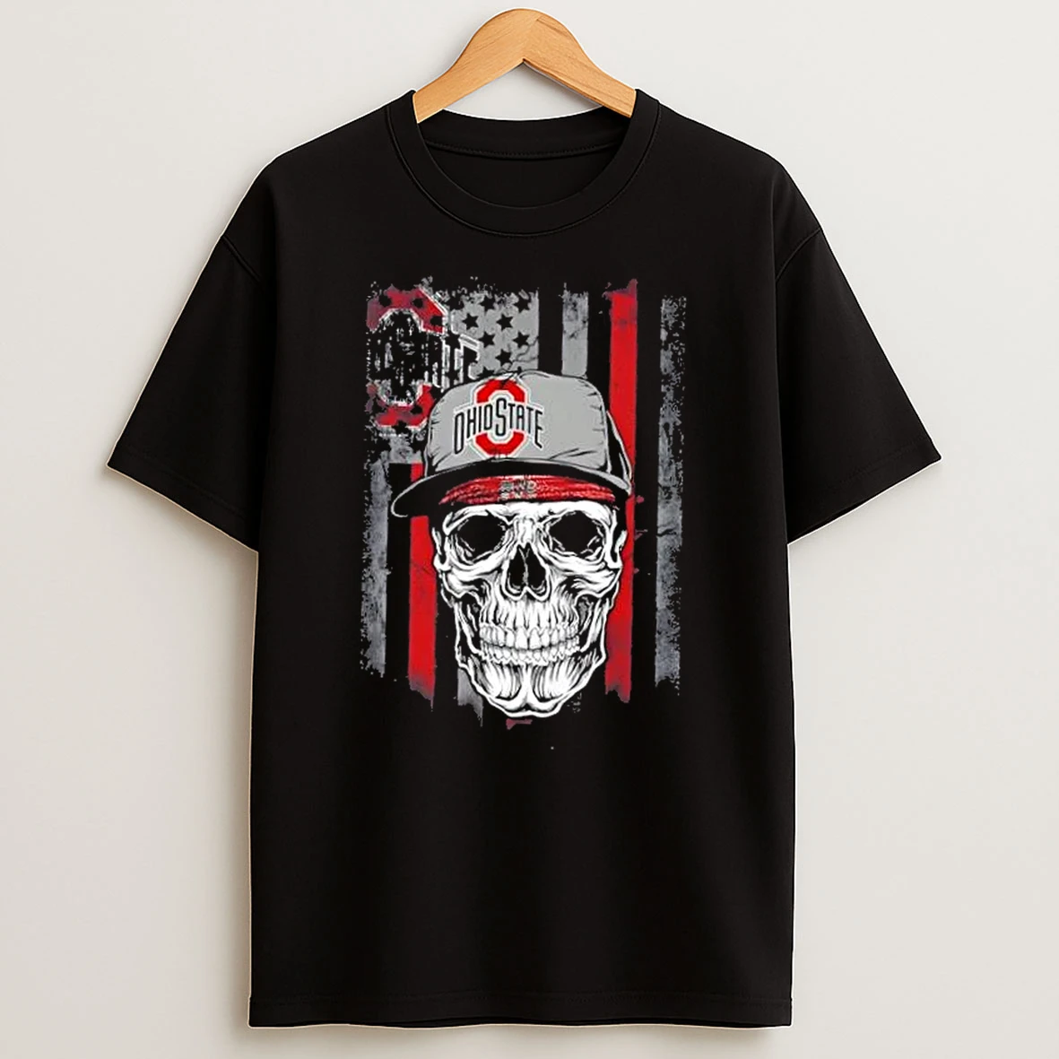Skull Wearing A Cap Ohio State Buckeyes Us Flag T Shirt