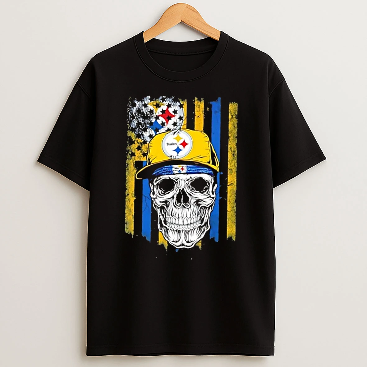 Skull Wearing A Cap Pittsburgh Steelers Us Flag T Shirt