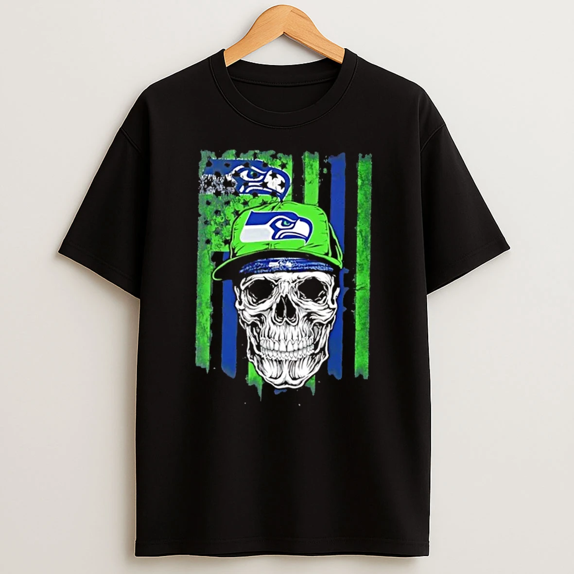 Skull Wearing A Cap Seattle Seahawks Us Flag T Shirt
