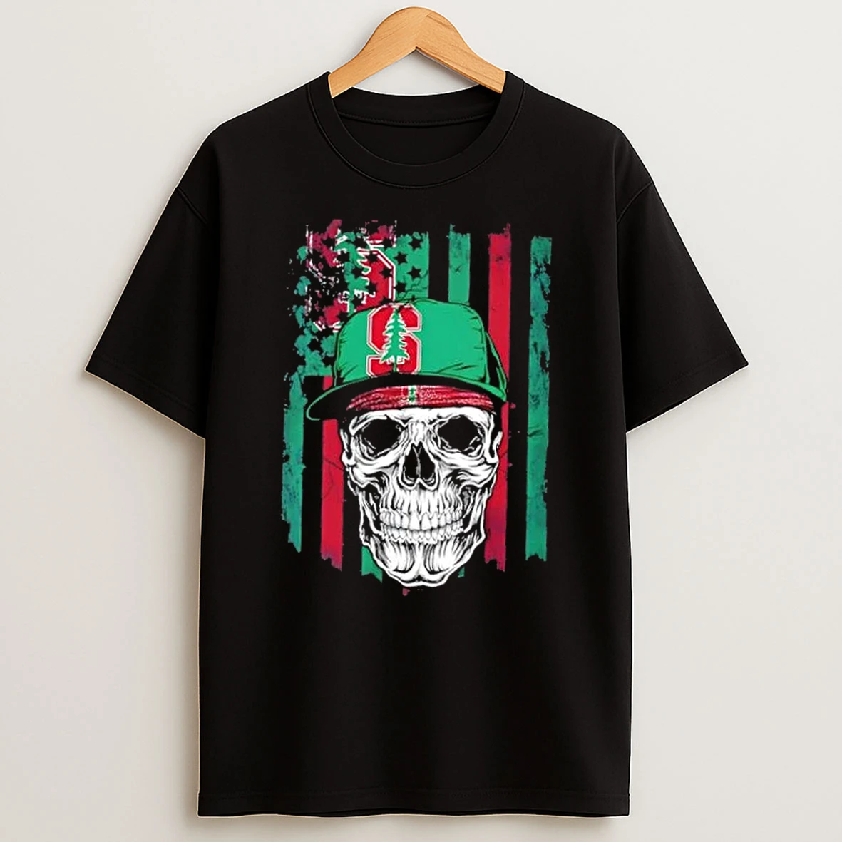 Skull Wearing A Cap Stanford Cardinal Us Flag T Shirt