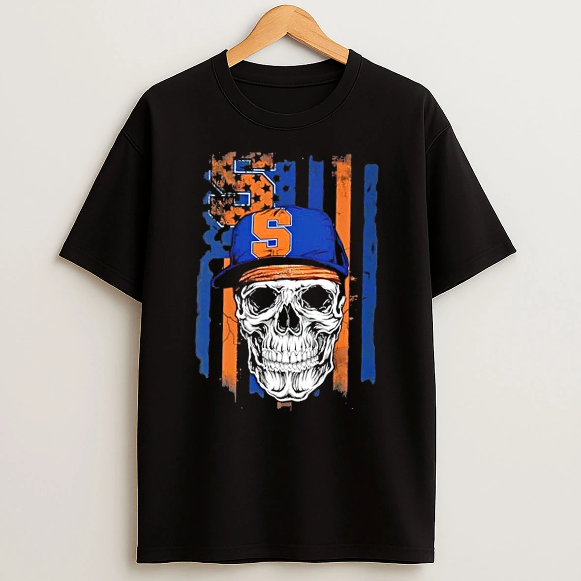 Skull Wearing A Cap Syracuse Orange Us Flag T Shirt