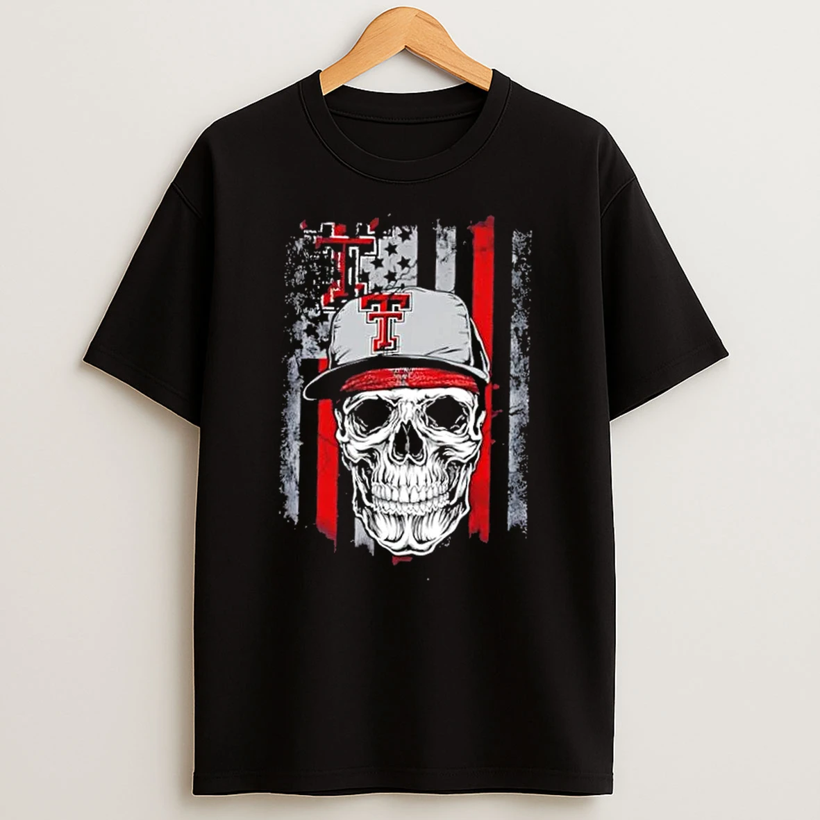 Skull Wearing A Cap Texas Tech Red Raiders Us Flag T Shirt