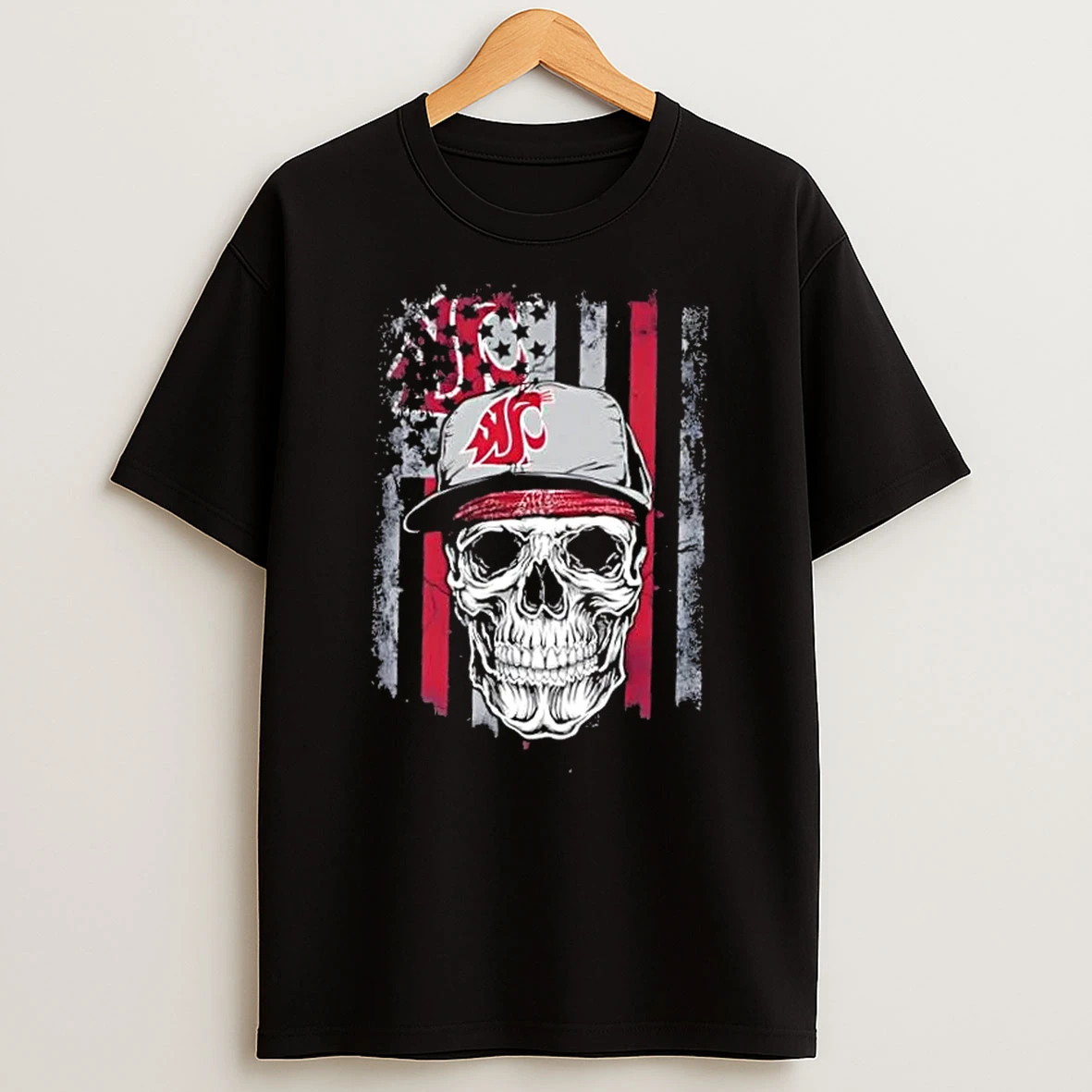 Skull Wearing A Cap Washington State Cougars Us Flag T Shirt