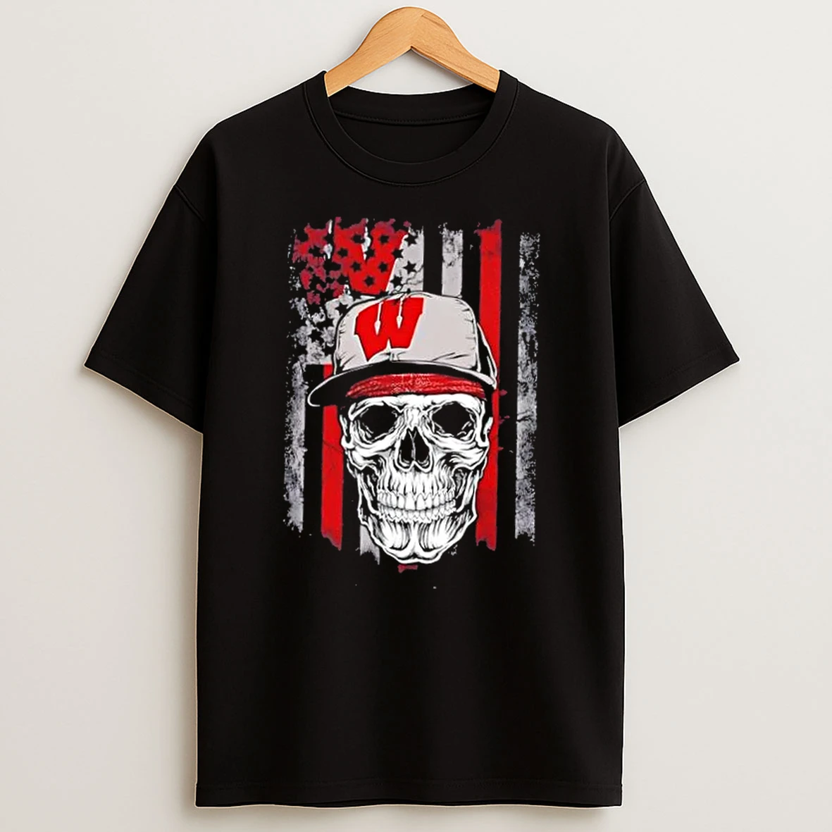 Skull Wearing A Cap Wisconsin Badgers Us Flag T Shirt