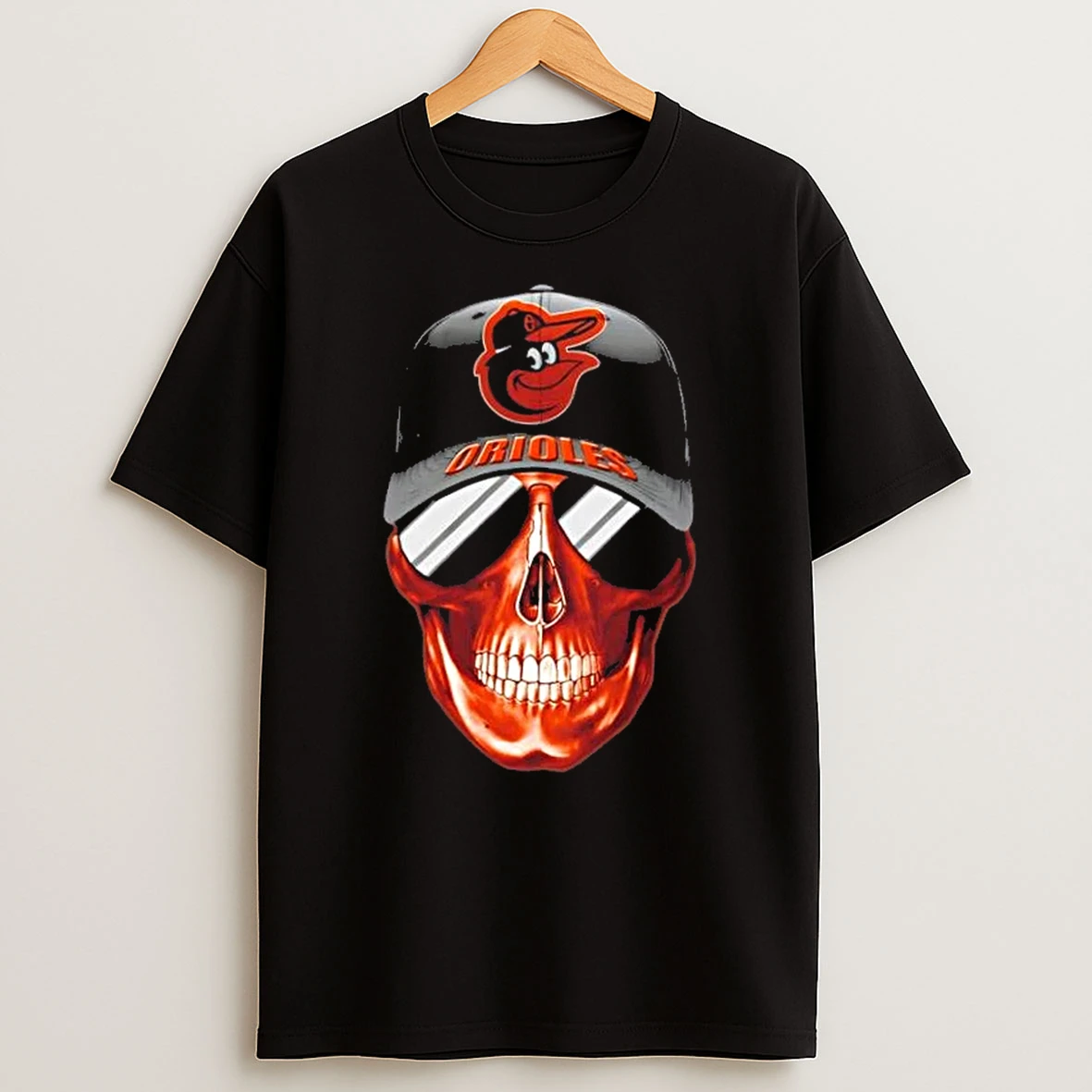 Skull Wearing A Cap Baltimore Orioles And Smiling With Fans T Shirt