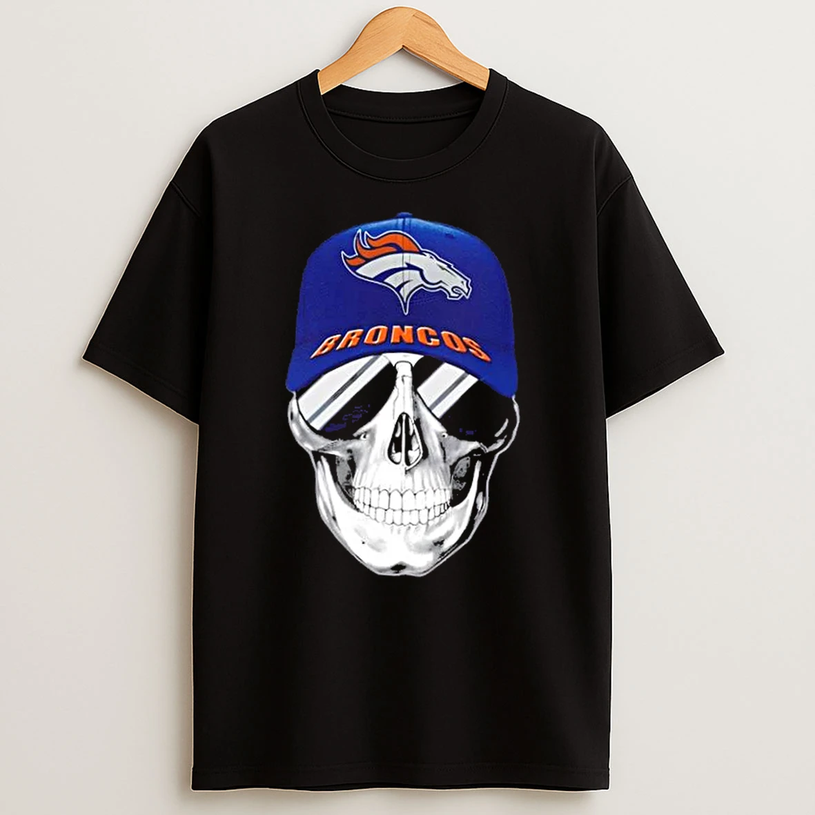 Skull Wearing A Cap And Smile Denver Broncos Fans T Shirt