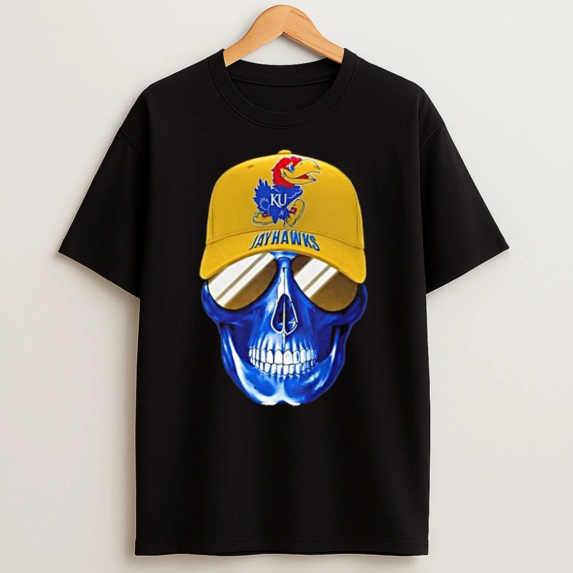Skull Wearing A Cap And Smile Kansas Jayhawks Fans T Shirt