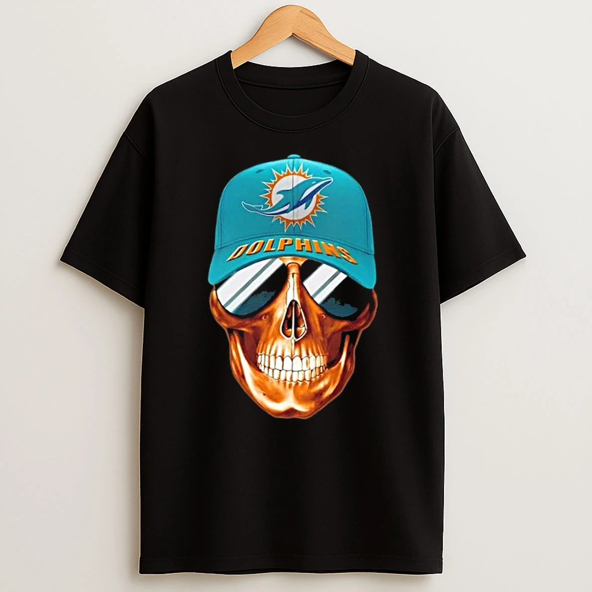 Skull Wearing A Cap And Smile Miami Dolphins Fans T Shirt