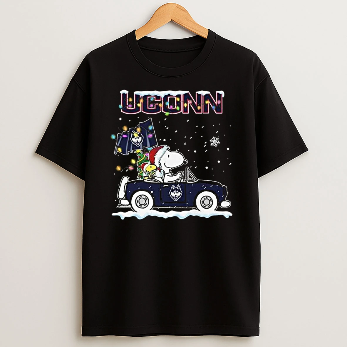 Snoopy And Woodstock Driving Car Uconn Huskies Merry Christmas 2025 T Shirt