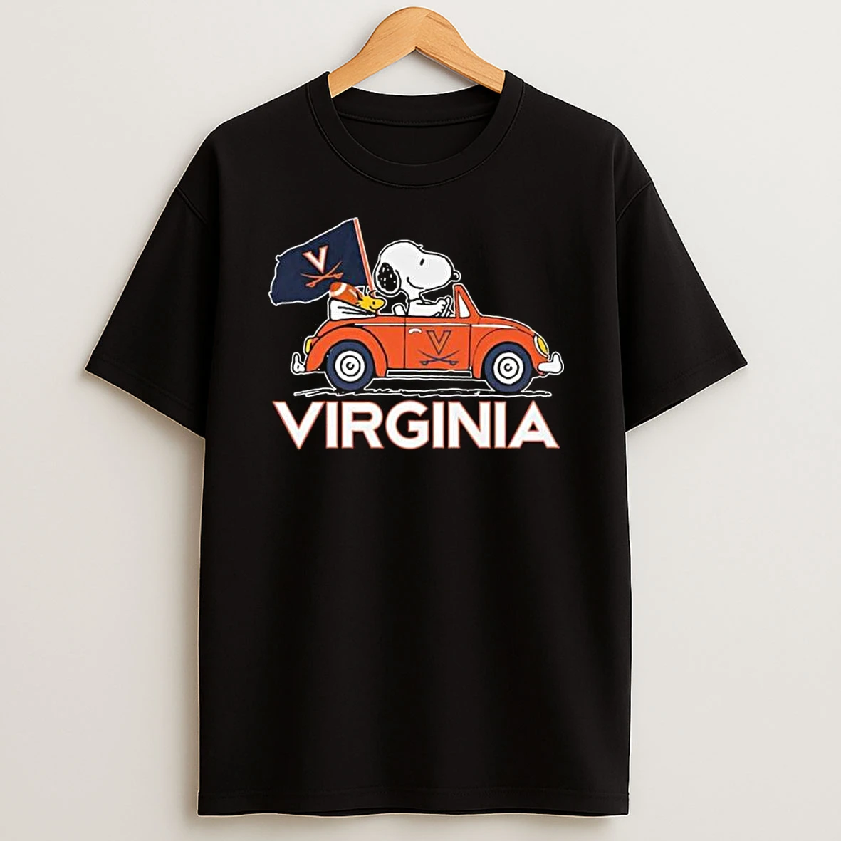 Snoopy And Woodstock Driving Car Virginia Cavaliers Flag T Shirt