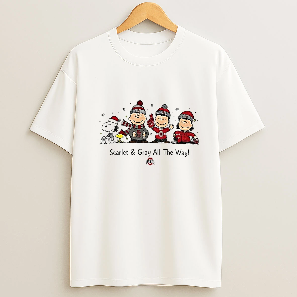 Snoopy Ohio State Buckeyes Football Scarlet And Gray All The Way Christmas T Shirt