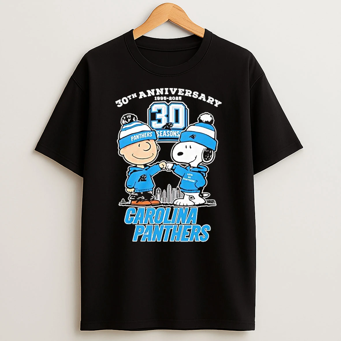 Snoopy And Charlie Brown Carolina Panthers 30th Anniversary 1995 2025 City Skyline T Shirt
