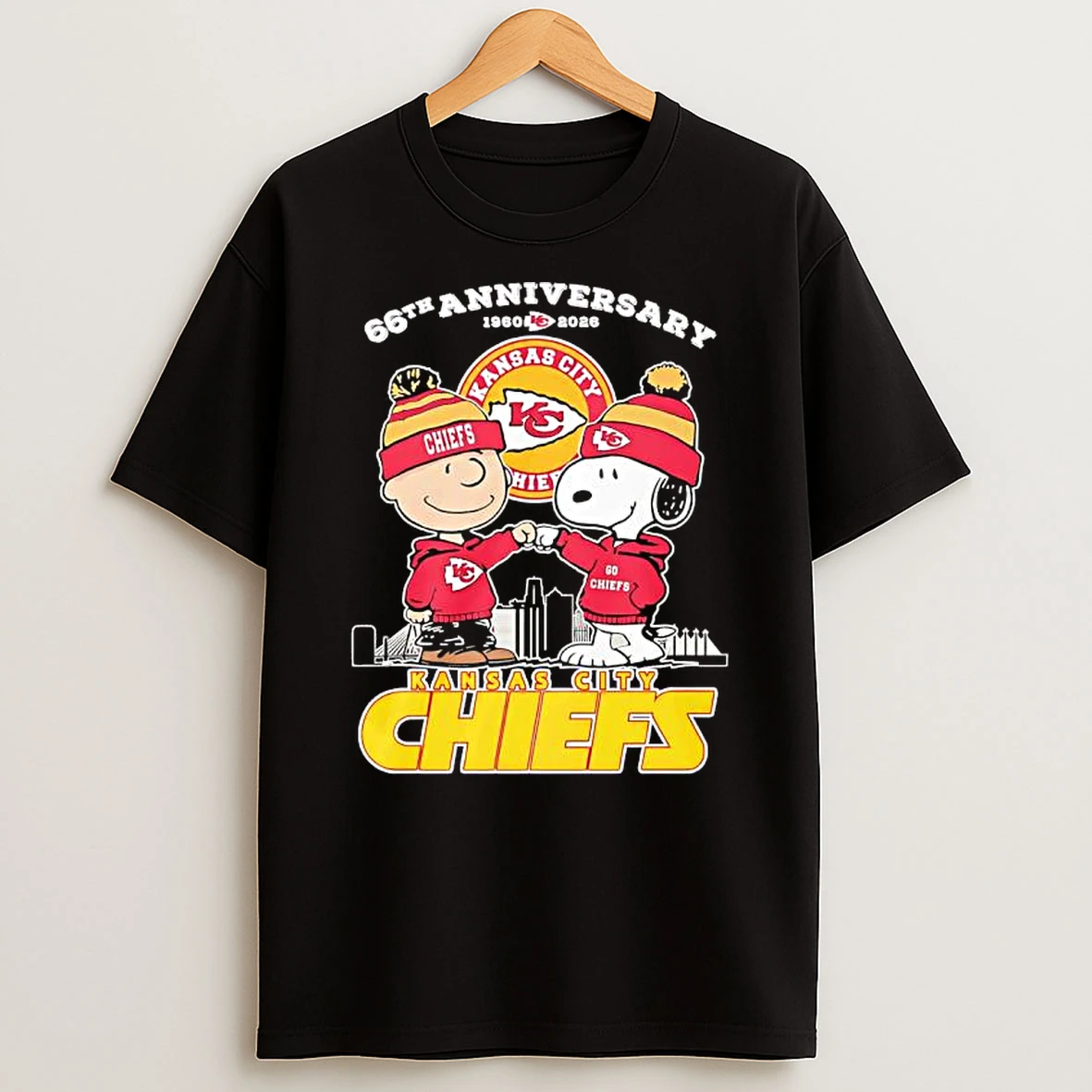 Snoopy And Charlie Brown Kansas City Chiefs 66th Anniversary 1960 2026 City Skyline T Shirt