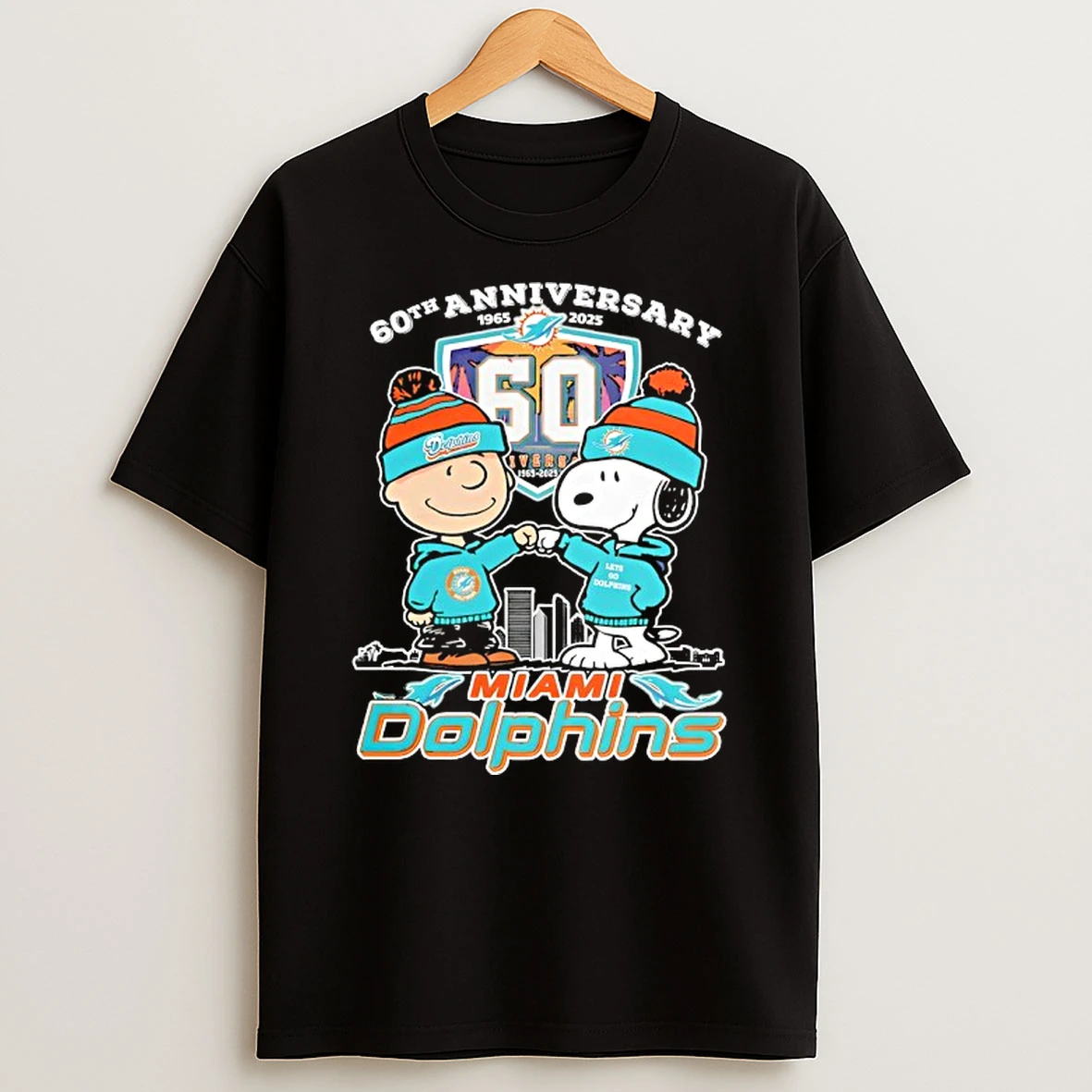 Snoopy And Charlie Brown Miami Dolphins Football 60th Anniversary 1965 2025 T Shirt