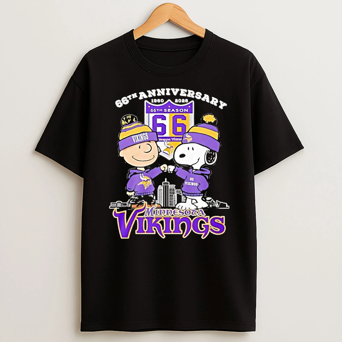 Snoopy And Charlie Brown Minnesota Vikings 66th Anniversary 1960 2026 City Skyline T Shirt
