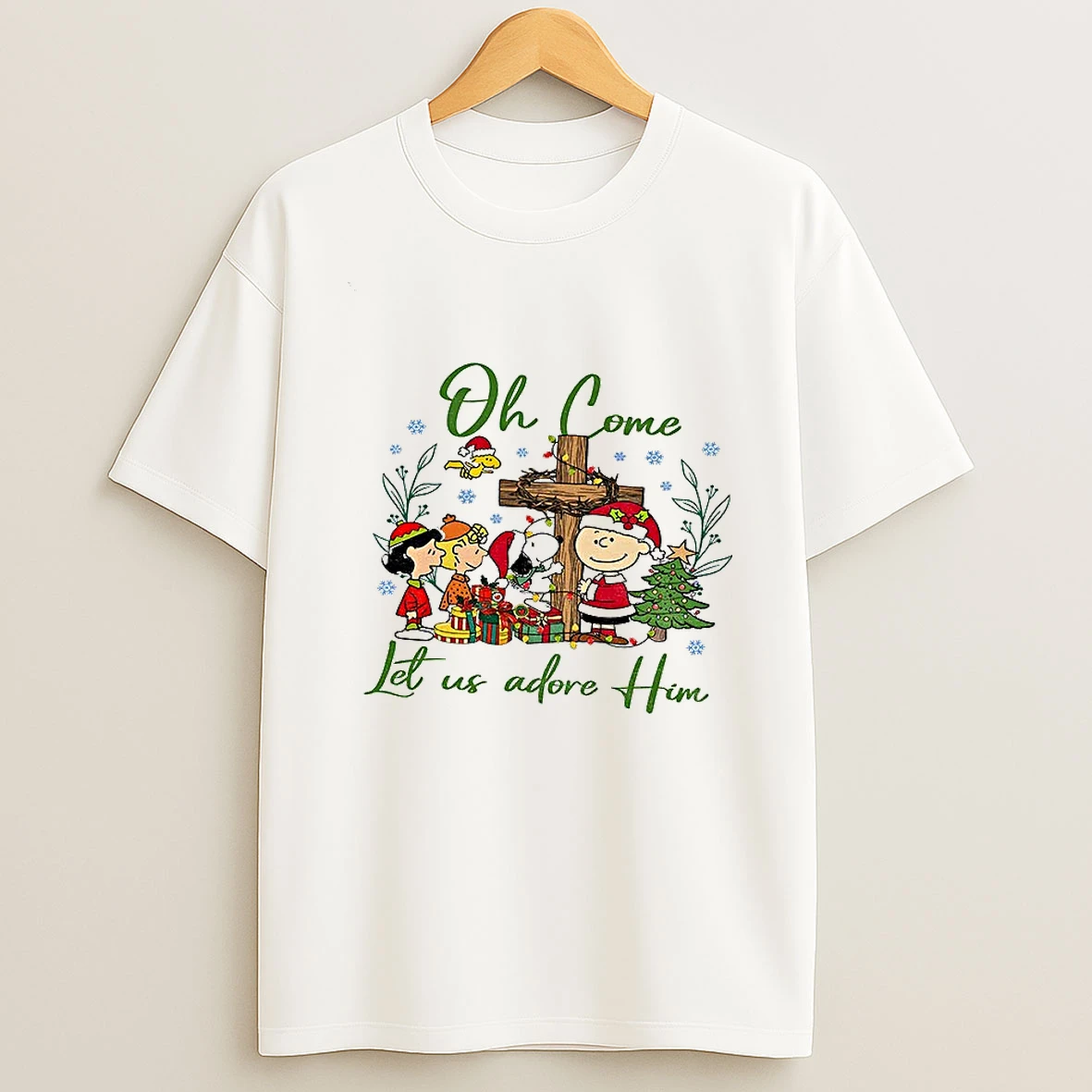 Snoopy And Peanuts Oh Come Let Us Adore Him Merry Christmas T Shirt