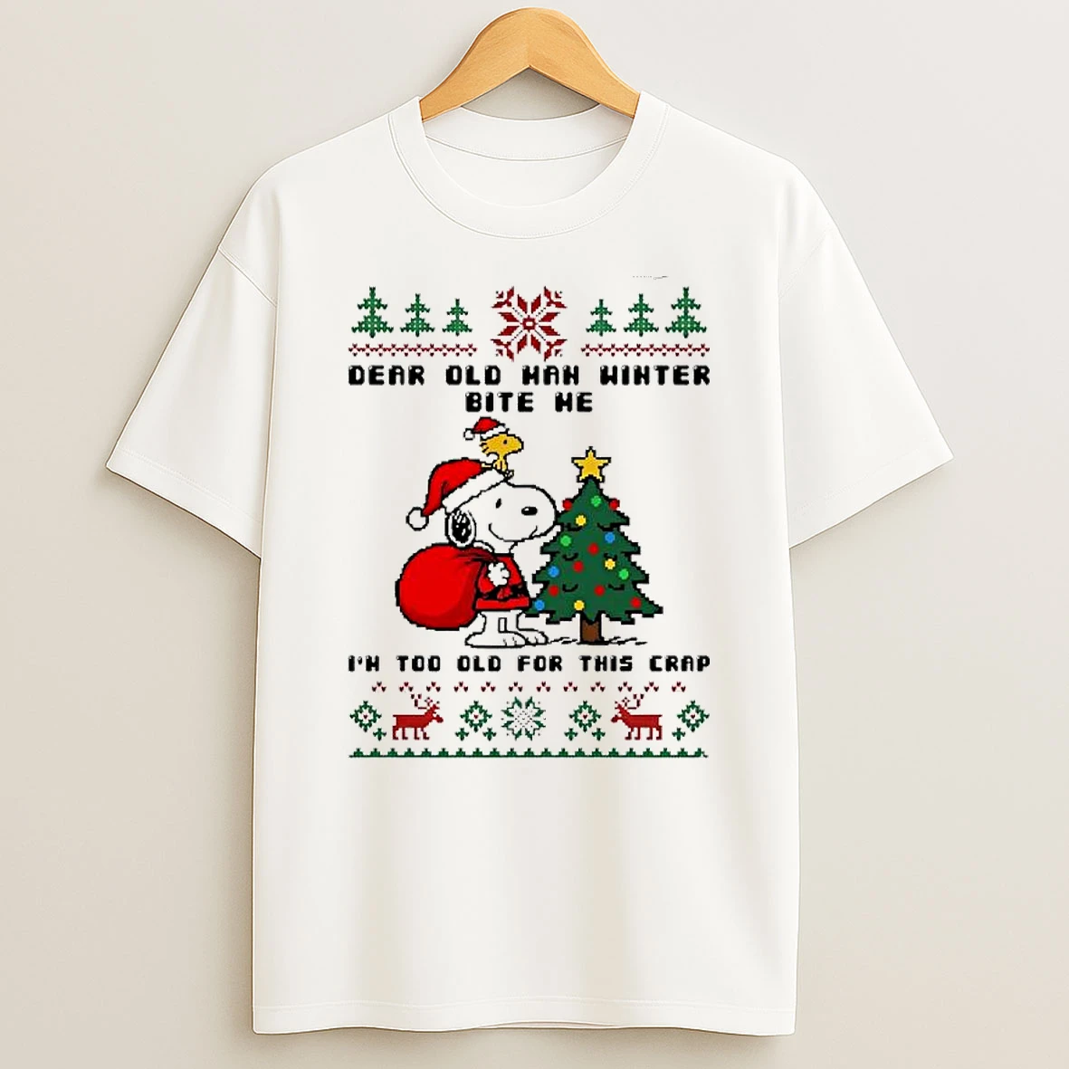 Snoopy And Woodstock Dear Old Man Winter Bite Me Im Too Old For This Crap Christmas Retro T Shirt