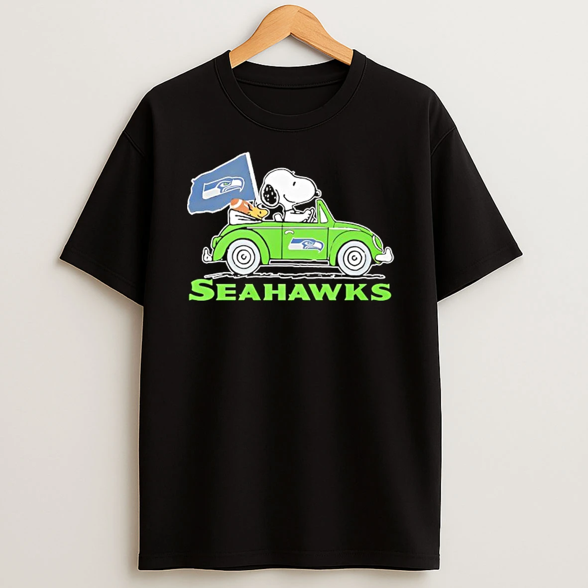 Snoopy And Woodstock Riding Seattle Seahawks Football Car T Shirt