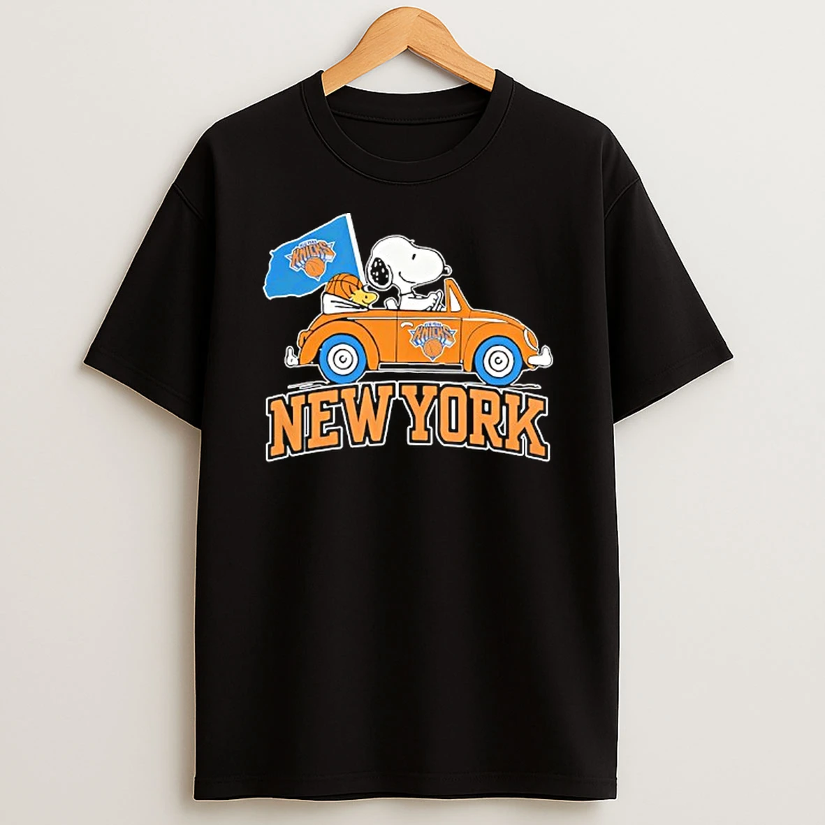 Snoopy And Woodstock Riding Car New York Knicks Basketball T Shirt