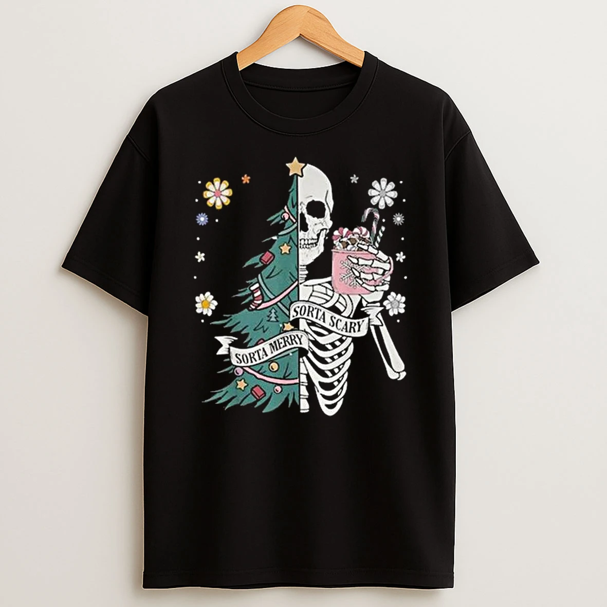 Sorta Scary Merry Sorta Christmas Skeleton Tree Santa T Shirt