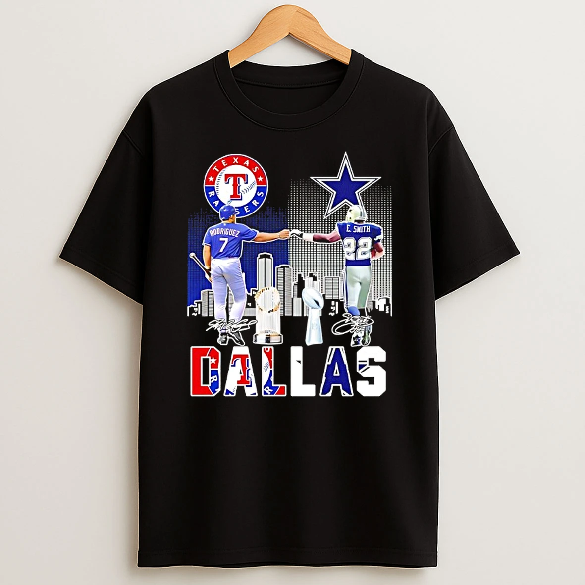 Sports In Dallas Rangers Rodriguez And Cowboys E Smith Signatures T Shirt
