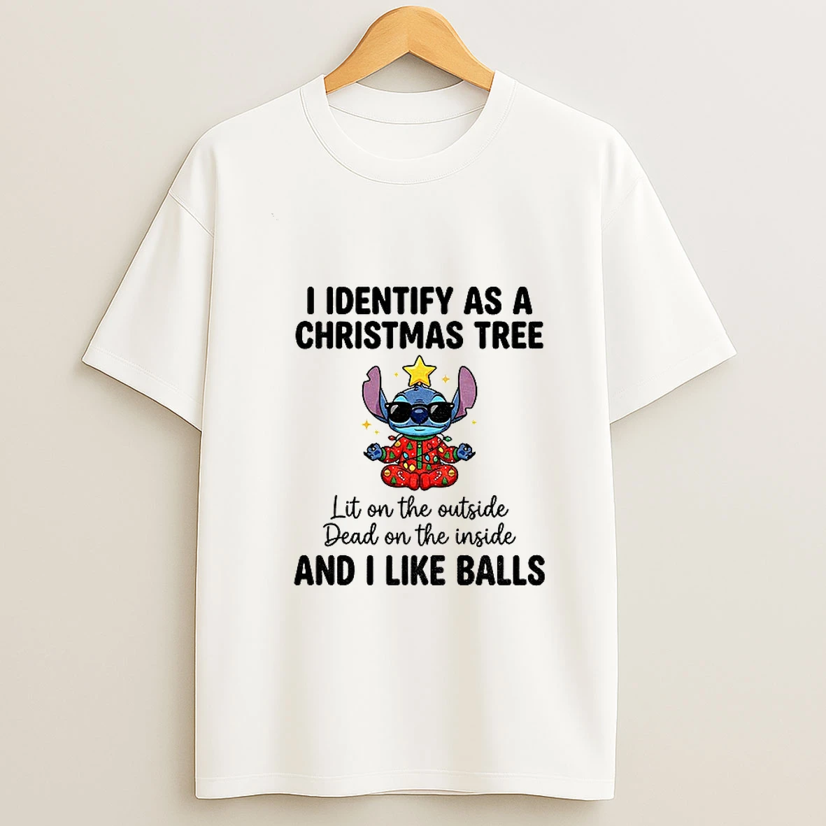 Stitch I Identify As A Christmas Tree Lit On The Outside Dead On The Inside And I Like Balls Christmas T Shirt