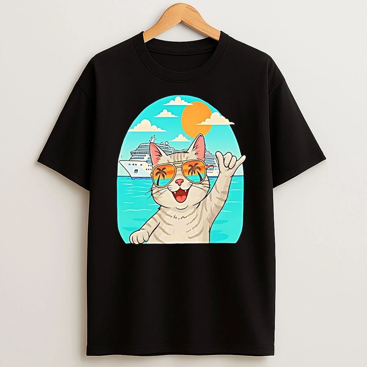 Tabby Cat Wearing Sunglasses Behind Yacht Holiday Funny T Shirt