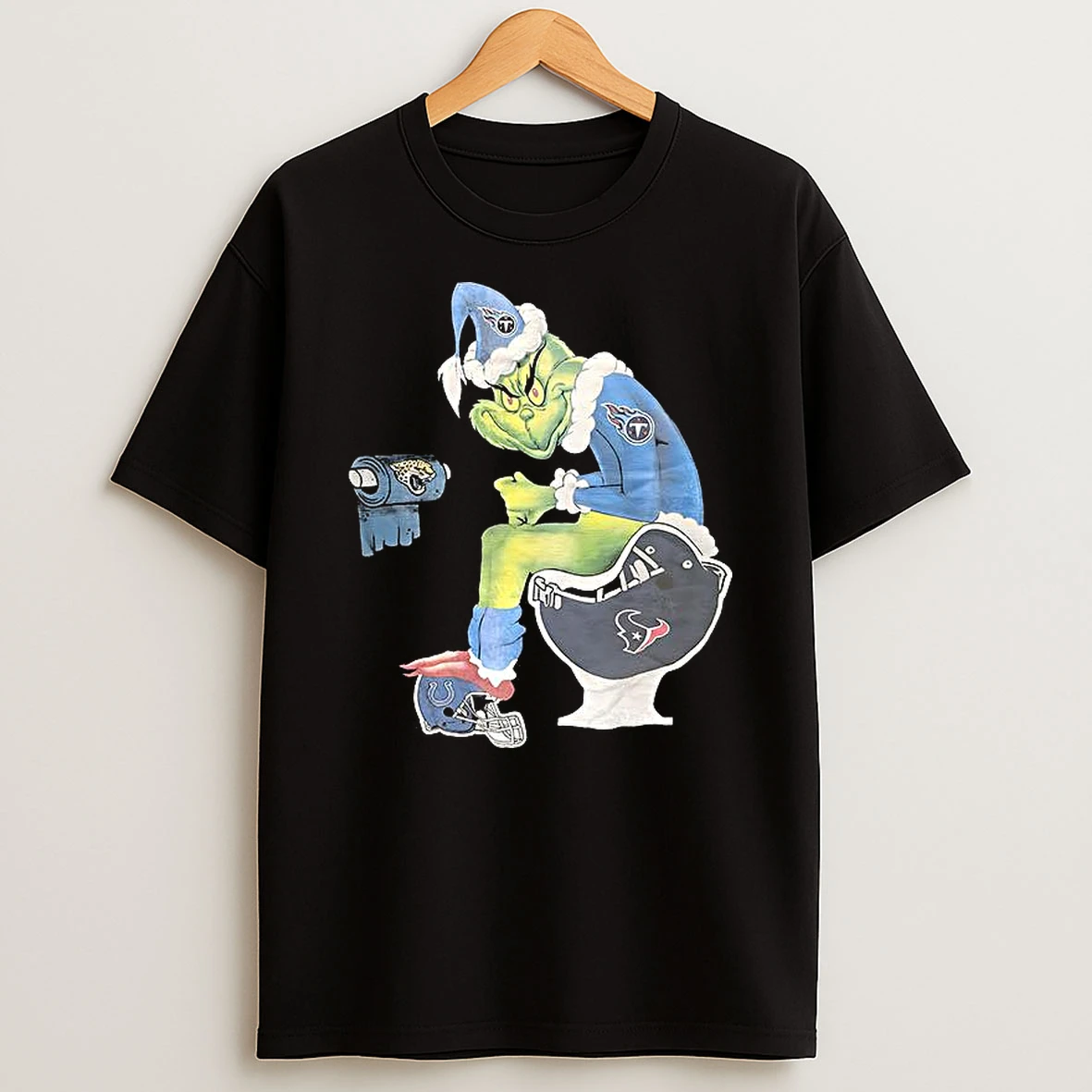 Tennessee Titans Grinch Sits On Houston Texans Helmet Indianapolis Colts And Jacksonville Jaguars T Shirt