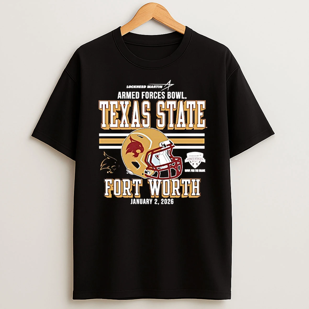 Texas State Fort Worth 2026 Armed Forces Bowl Bound Helmet T Shirt