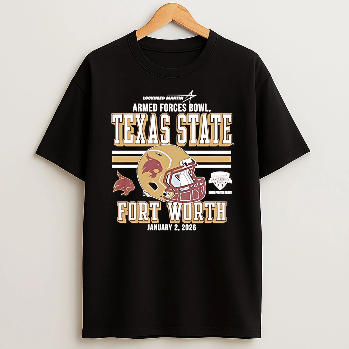 Texas State University Football Fort Worth 2026 Armed Forces Bowl Bound Helmet T Shirt